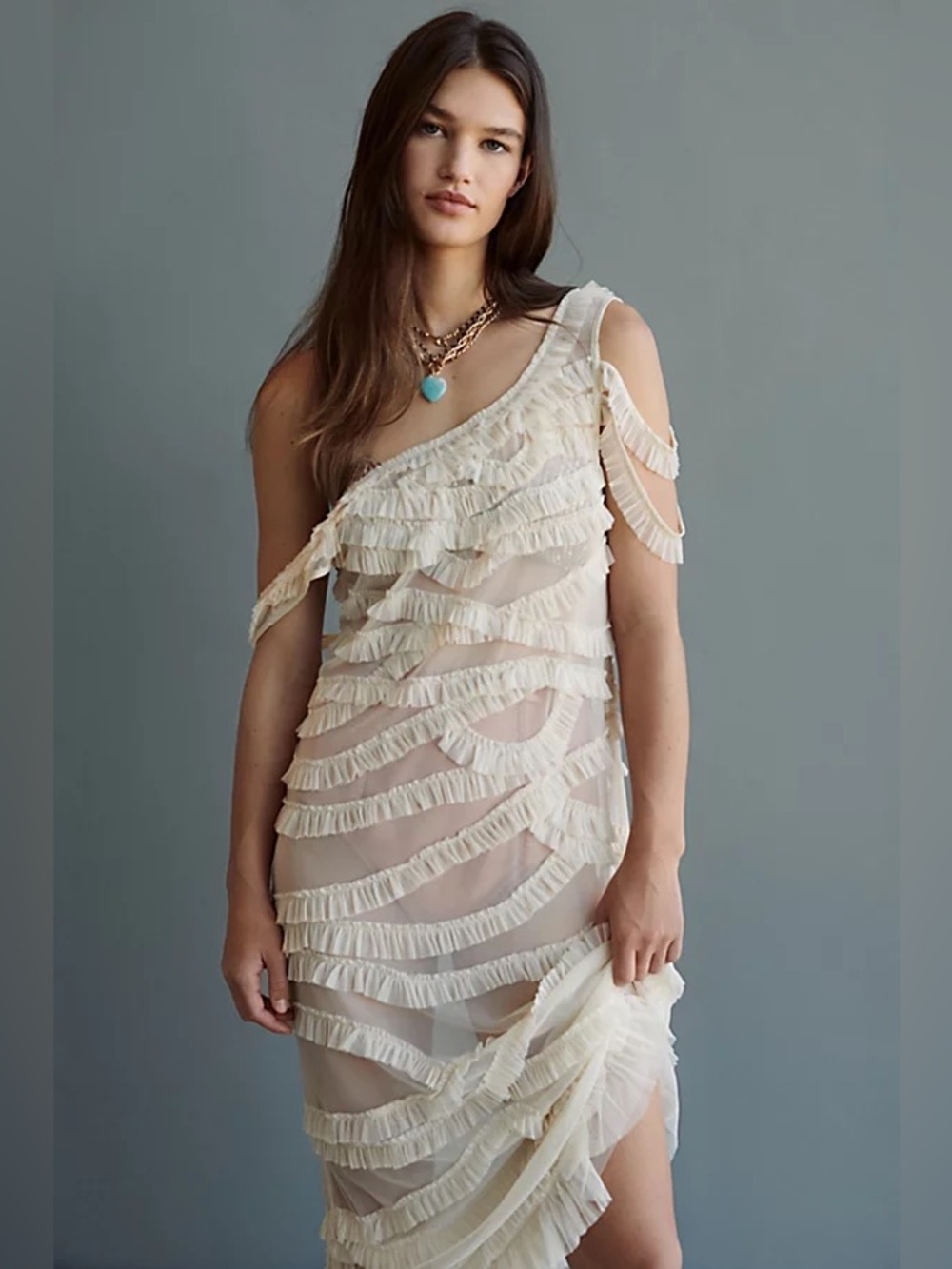 NWT UO Urban Outfitters Anderson Sheer Ruffle Midi Dress in Cream